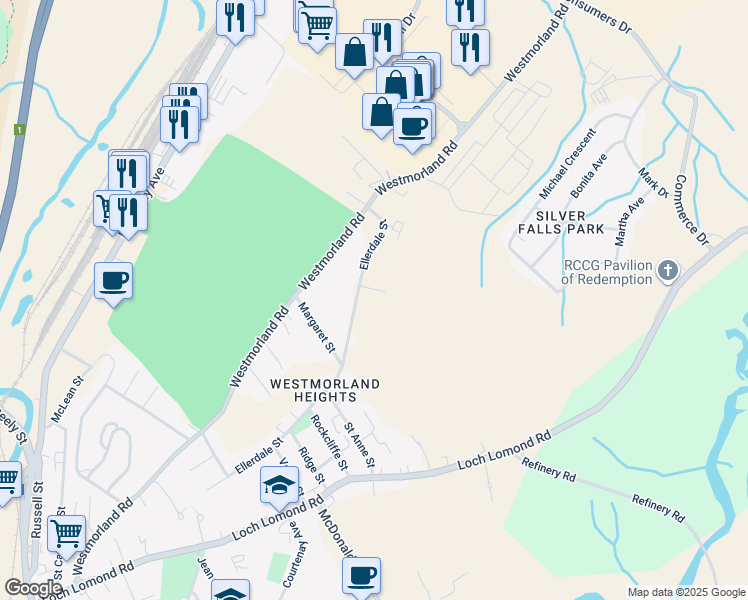 map of restaurants, bars, coffee shops, grocery stores, and more near 10 Woodhollow Park in Saint John