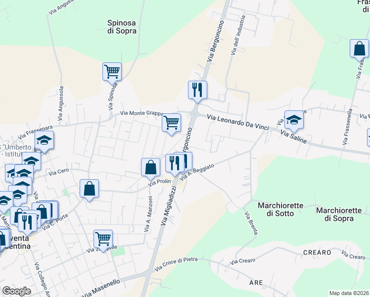 map of restaurants, bars, coffee shops, grocery stores, and more near 25 Via Bergoncino in Noventa Vicentina