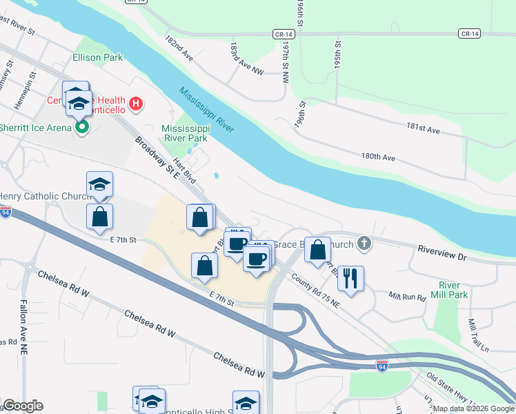 map of restaurants, bars, coffee shops, grocery stores, and more near 201 Mississippi Drive in Monticello