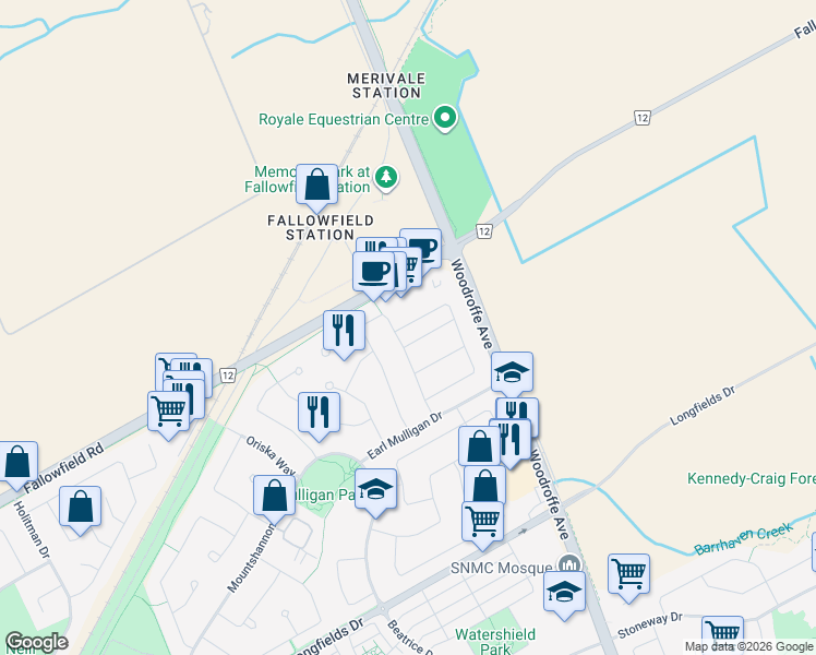 map of restaurants, bars, coffee shops, grocery stores, and more near 10 Sedona Street in Ottawa