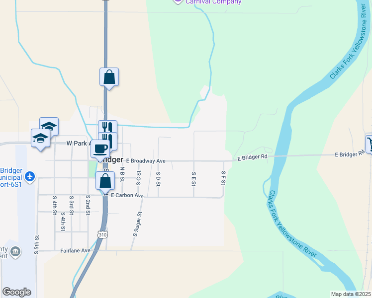 map of restaurants, bars, coffee shops, grocery stores, and more near 112 North E Street in Bridger