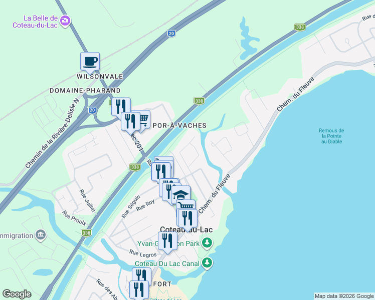 map of restaurants, bars, coffee shops, grocery stores, and more near 30 Rue Besner in Coteau-du-Lac