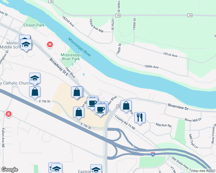map of restaurants, bars, coffee shops, grocery stores, and more near 201 Mississippi Drive in Monticello