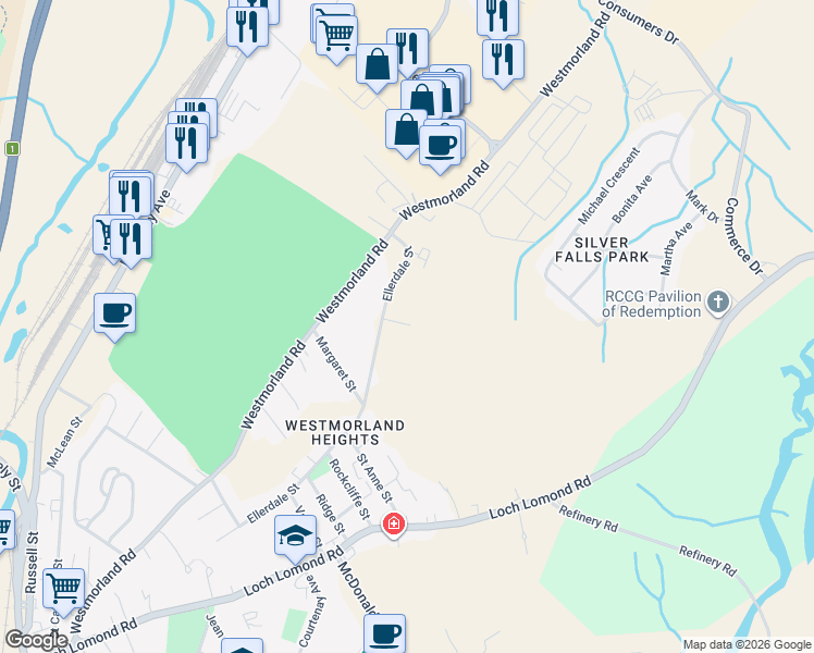 map of restaurants, bars, coffee shops, grocery stores, and more near 20 Woodhollow Park in Saint John