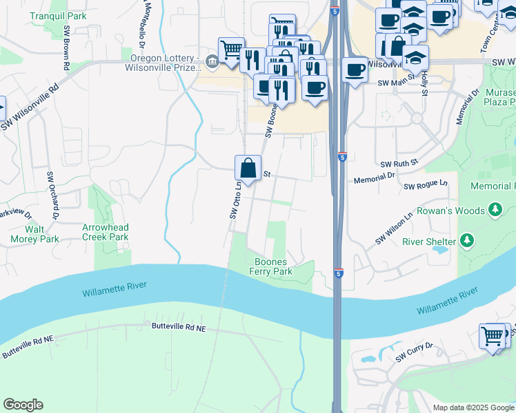 map of restaurants, bars, coffee shops, grocery stores, and more near 30825 Southwest Boones Ferry Road in Wilsonville