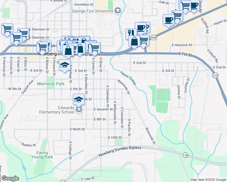map of restaurants, bars, coffee shops, grocery stores, and more near 501 South Willamette Street in Newberg