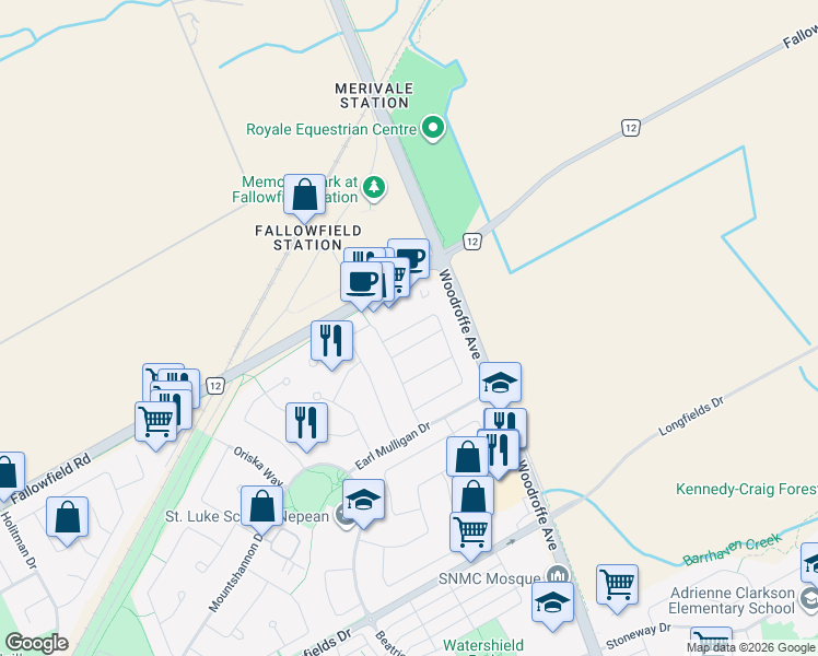 map of restaurants, bars, coffee shops, grocery stores, and more near Sedona Street in Ottawa