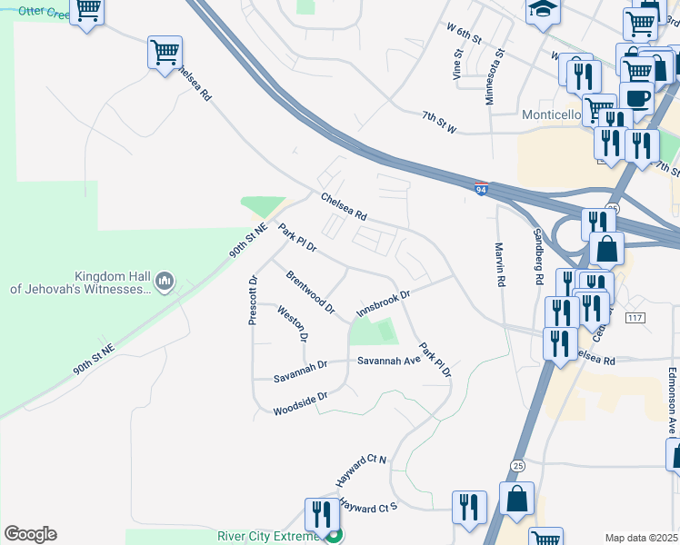 map of restaurants, bars, coffee shops, grocery stores, and more near 10071 Somerset Lane in Monticello