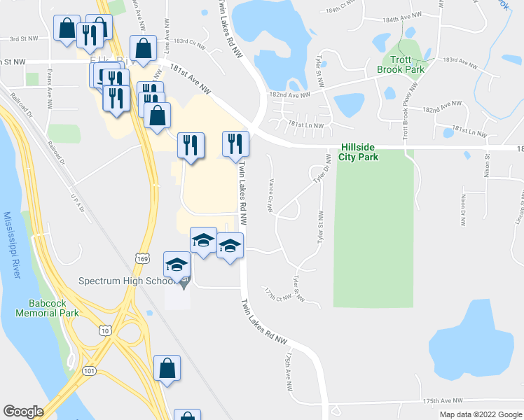 map of restaurants, bars, coffee shops, grocery stores, and more near 17966 Vance Circle Northwest in Elk River