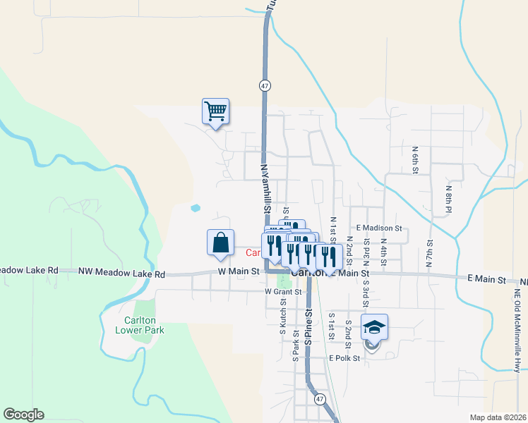 map of restaurants, bars, coffee shops, grocery stores, and more near 440 North Yamhill Street in Carlton