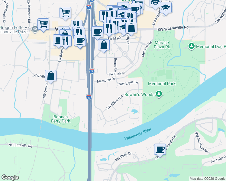 map of restaurants, bars, coffee shops, grocery stores, and more near 30825 Southwest Rogue Court in Wilsonville