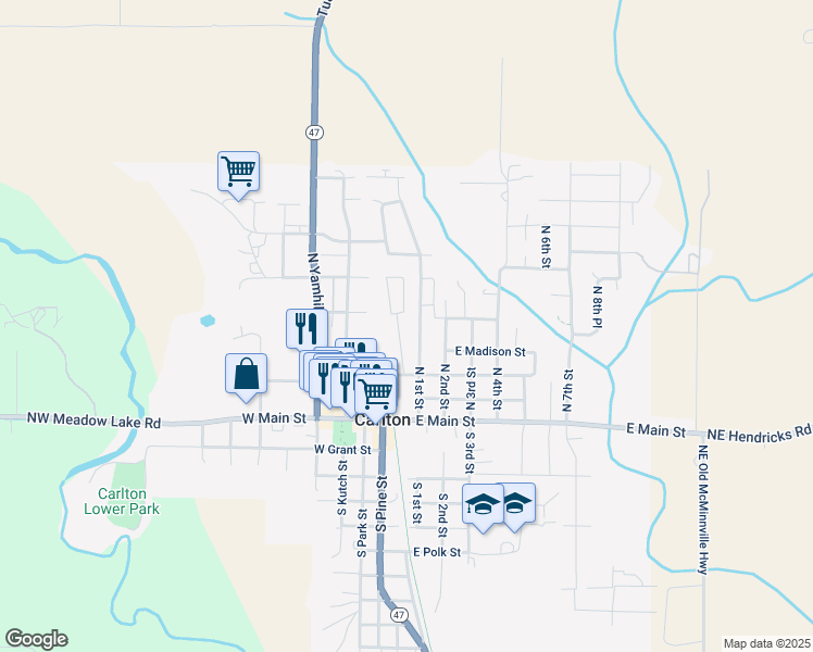 map of restaurants, bars, coffee shops, grocery stores, and more near 450 North 1st Street in Carlton