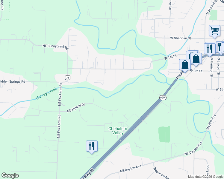 map of restaurants, bars, coffee shops, grocery stores, and more near 11220 Northeast Otter Drive in Newberg