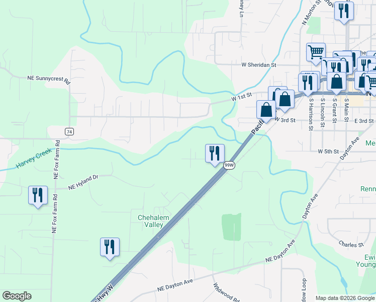 map of restaurants, bars, coffee shops, grocery stores, and more near 11165 Hurley's Lane in Newberg