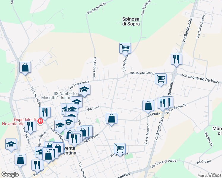 map of restaurants, bars, coffee shops, grocery stores, and more near 17 Via Asiago in Noventa Vicentina