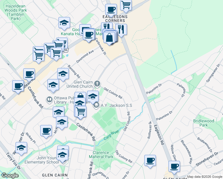 map of restaurants, bars, coffee shops, grocery stores, and more near 114 Old Colony Road in Ottawa