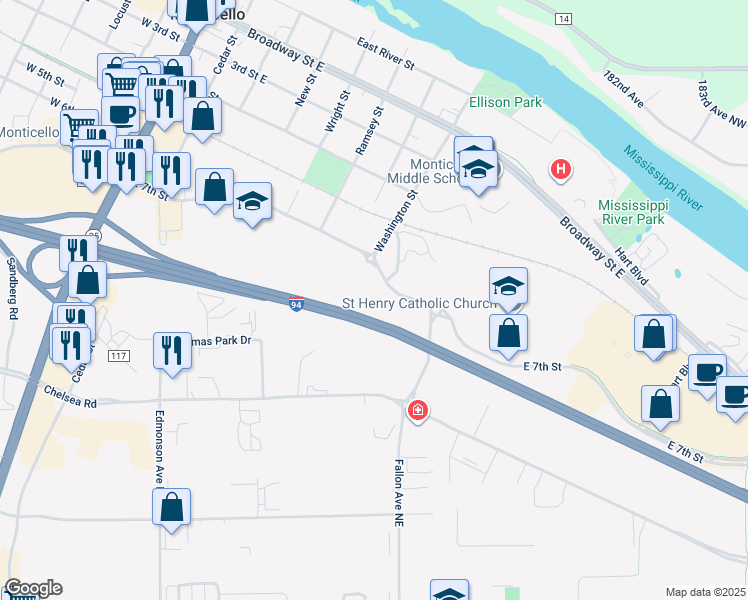 map of restaurants, bars, coffee shops, grocery stores, and more near 714 East 7th Street in Monticello