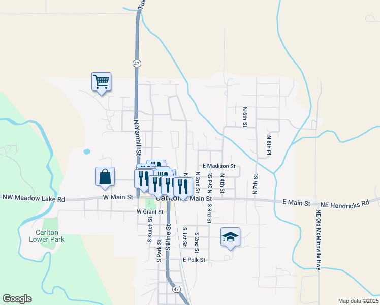 map of restaurants, bars, coffee shops, grocery stores, and more near 450 North 1st Street in Carlton
