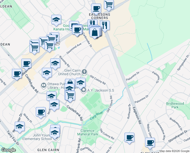 map of restaurants, bars, coffee shops, grocery stores, and more near 114 Old Colony Road in Ottawa