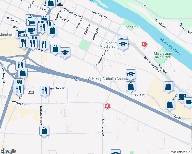map of restaurants, bars, coffee shops, grocery stores, and more near 714 East 7th Street in Monticello