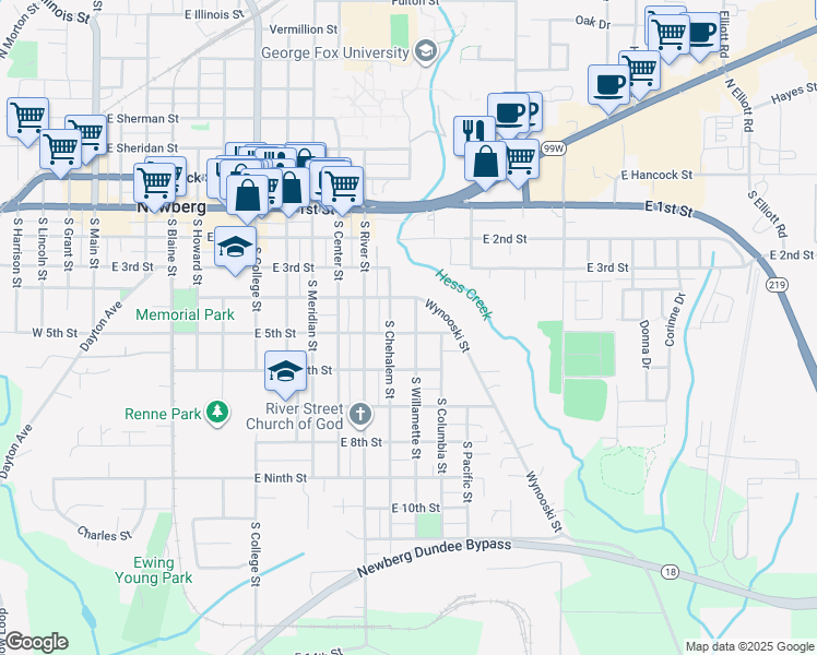 map of restaurants, bars, coffee shops, grocery stores, and more near 421 South Willamette Street in Newberg