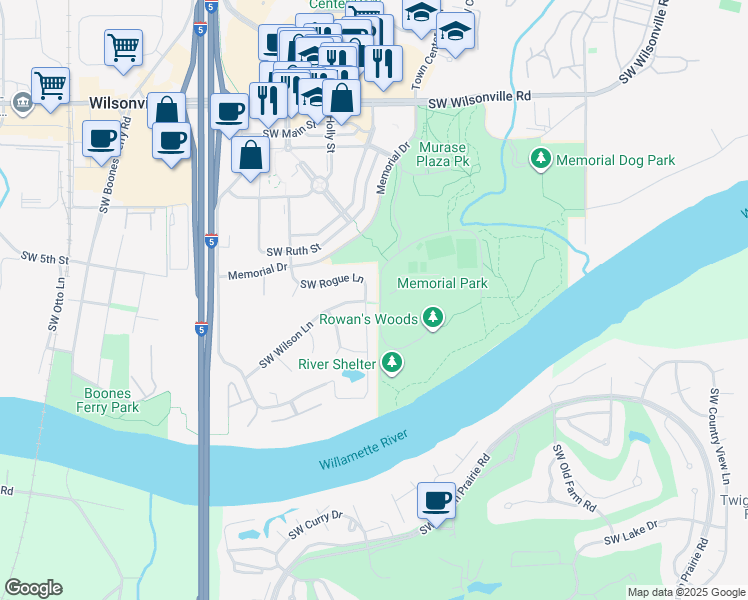 map of restaurants, bars, coffee shops, grocery stores, and more near 30888 Southwest Salmon Lane in Wilsonville
