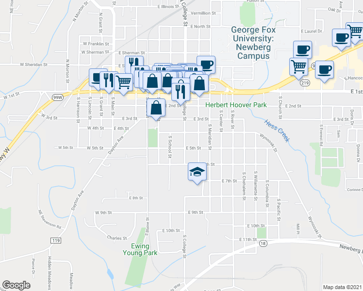 map of restaurants, bars, coffee shops, grocery stores, and more near 421 South College Street in Newberg