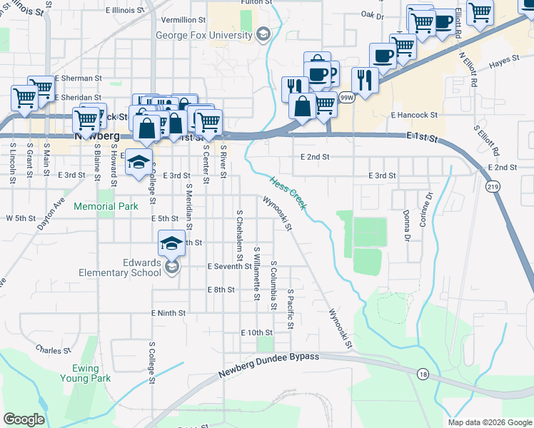 map of restaurants, bars, coffee shops, grocery stores, and more near 1307 East 5th Street in Newberg