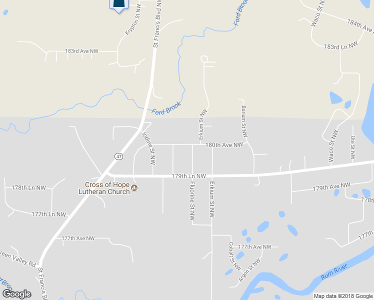 map of restaurants, bars, coffee shops, grocery stores, and more near 17958 Fluorine Street Northwest in Ramsey