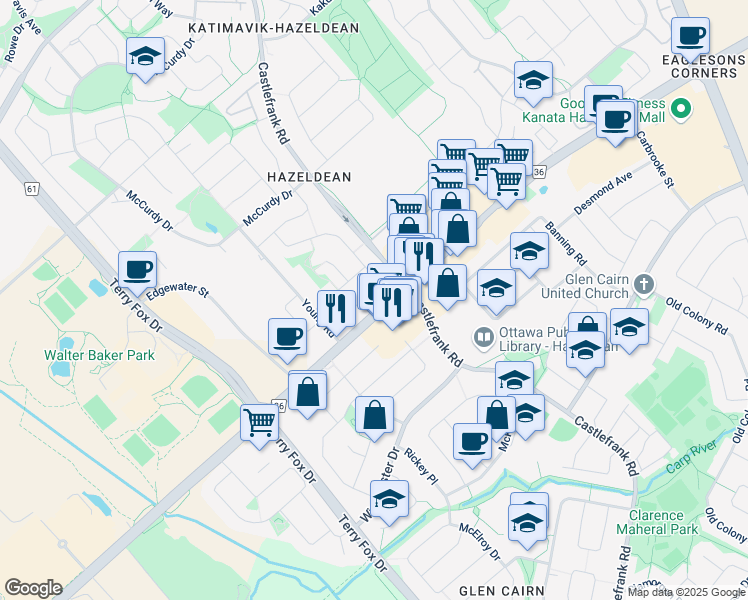 map of restaurants, bars, coffee shops, grocery stores, and more near 73 McLennan Way in Ottawa