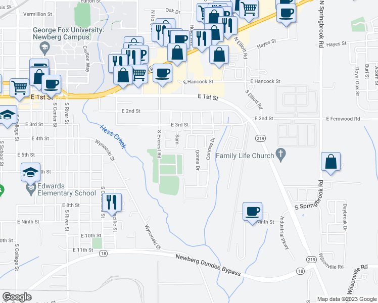 map of restaurants, bars, coffee shops, grocery stores, and more near 2170 Thompson Lane in Newberg