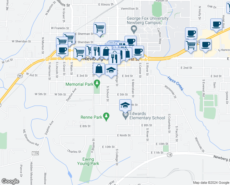 map of restaurants, bars, coffee shops, grocery stores, and more near 421 South College Street in Newberg