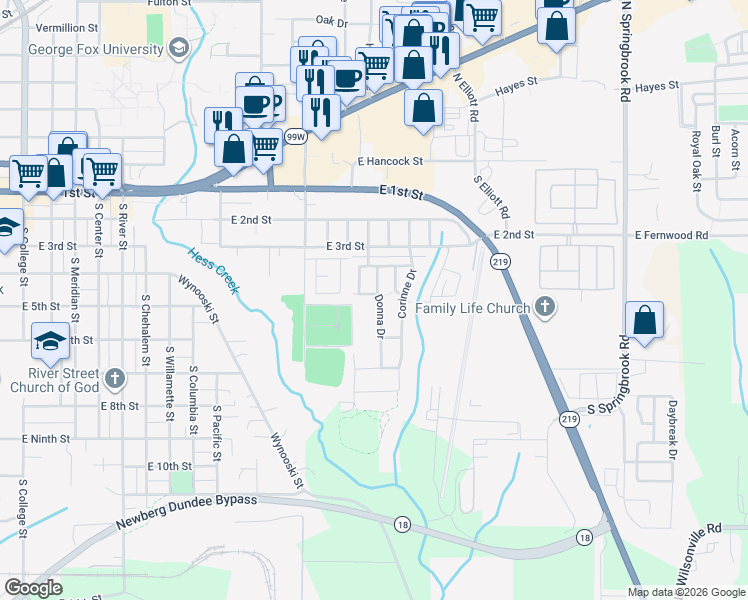 map of restaurants, bars, coffee shops, grocery stores, and more near 2226 Thompson Lane in Newberg