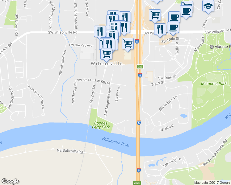 map of restaurants, bars, coffee shops, grocery stores, and more near 30825 Southwest Fir Avenue in Wilsonville
