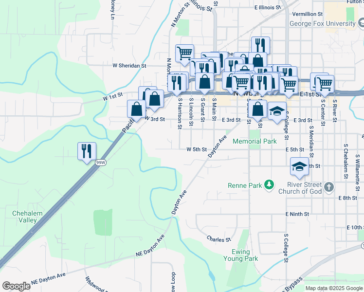 map of restaurants, bars, coffee shops, grocery stores, and more near 420 S Harrison St in Newberg