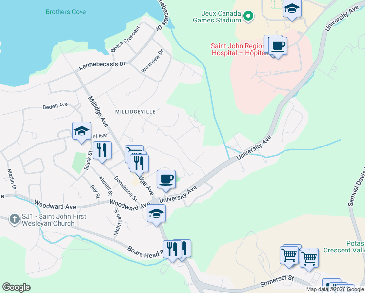 map of restaurants, bars, coffee shops, grocery stores, and more near 115 Woodhaven Drive in Saint John