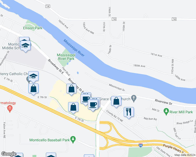 map of restaurants, bars, coffee shops, grocery stores, and more near 201 Mississippi Drive in Monticello