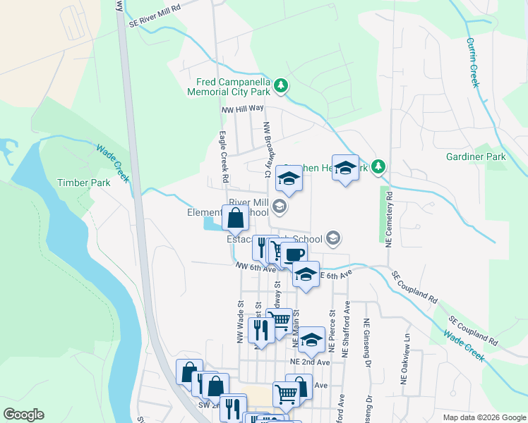 map of restaurants, bars, coffee shops, grocery stores, and more near 969 North Broadway Street in Estacada