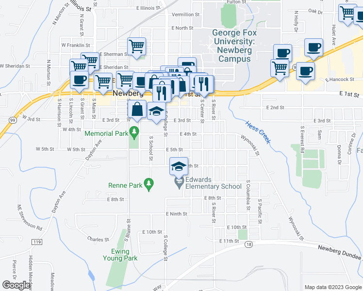 map of restaurants, bars, coffee shops, grocery stores, and more near 418 South Edwards Street in Newberg