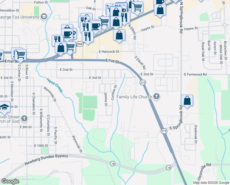 map of restaurants, bars, coffee shops, grocery stores, and more near 526 Corinne Drive in Newberg