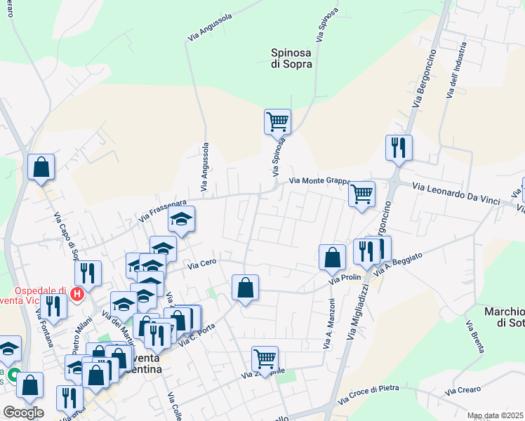 map of restaurants, bars, coffee shops, grocery stores, and more near 3 Via Giambattista Tiepolo in Noventa Vicentina