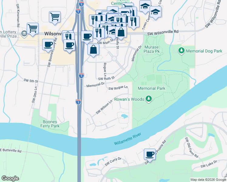 map of restaurants, bars, coffee shops, grocery stores, and more near 8550 Southwest Rogue Lane in Wilsonville
