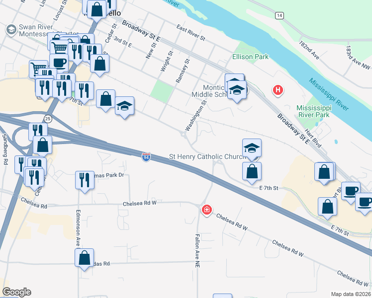 map of restaurants, bars, coffee shops, grocery stores, and more near 708 East 7th Street in Monticello