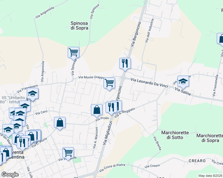 map of restaurants, bars, coffee shops, grocery stores, and more near Via Raffaello Sanzio in Noventa Vicentina
