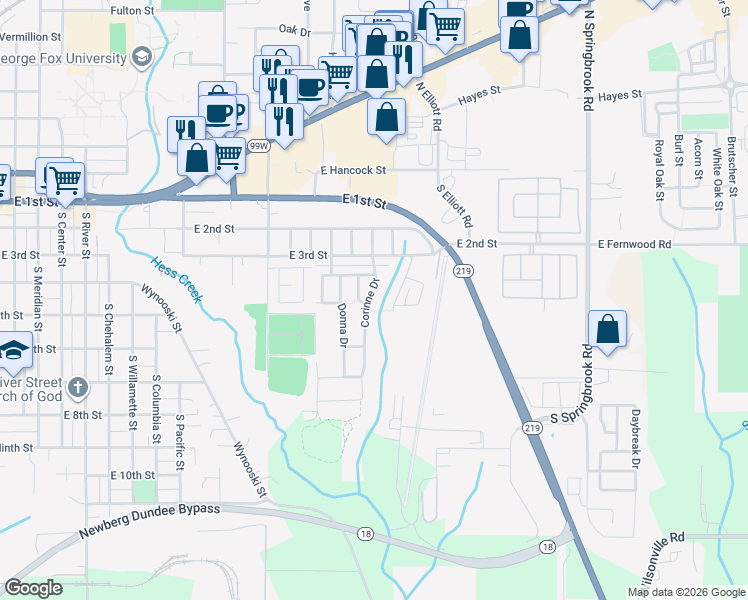 map of restaurants, bars, coffee shops, grocery stores, and more near 496 Corinne Drive in Newberg