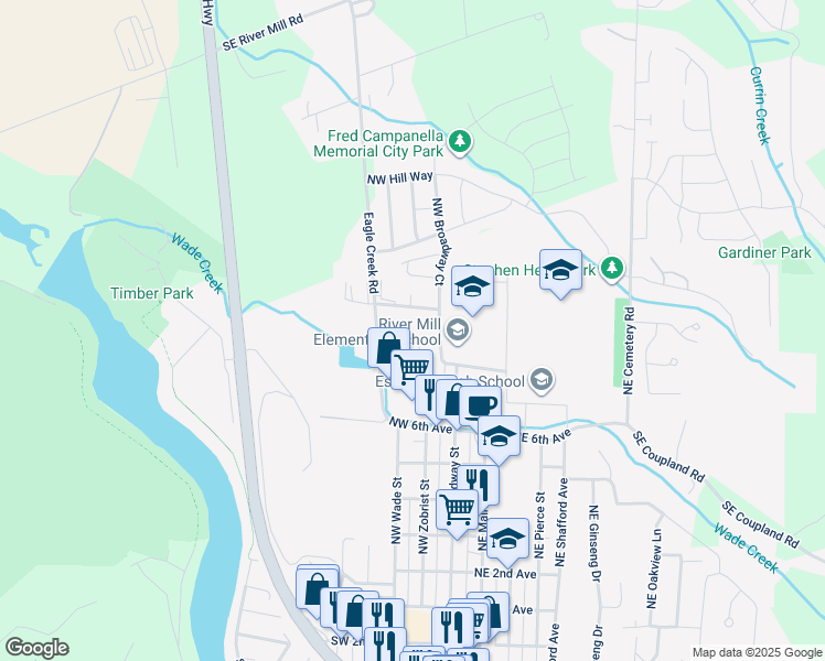map of restaurants, bars, coffee shops, grocery stores, and more near 860 Northwest Wade Street in Estacada