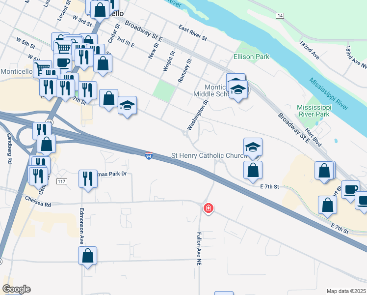 map of restaurants, bars, coffee shops, grocery stores, and more near 714 East 7th Street in Monticello