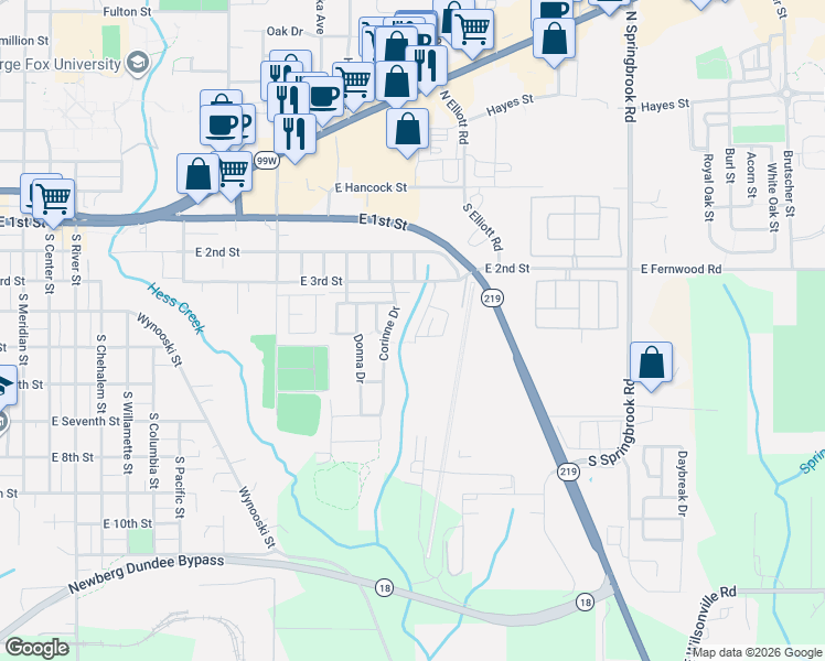 map of restaurants, bars, coffee shops, grocery stores, and more near 461 Airpark Way in Newberg
