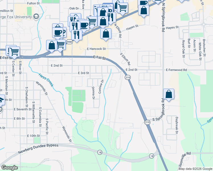 map of restaurants, bars, coffee shops, grocery stores, and more near 461 Airpark Way in Newberg