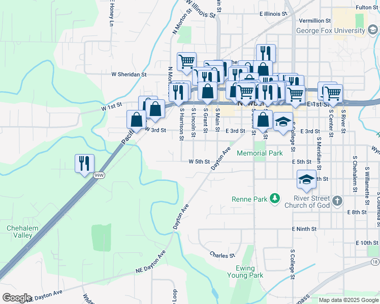 map of restaurants, bars, coffee shops, grocery stores, and more near 420 South Harrison Street in Newberg